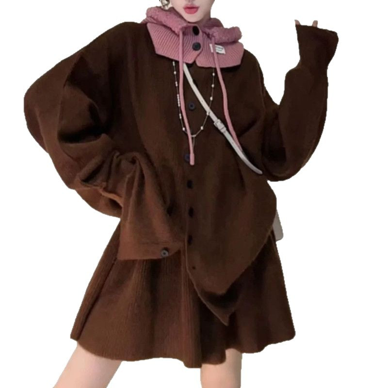 Damen Strickensemble Kontrastpullover Elegante Knöpfe Beige