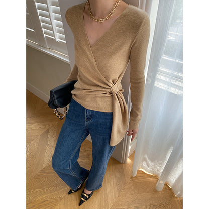Damen Wickelpullover Weiches Strickmaterial V-Ausschnitt Dekoratives