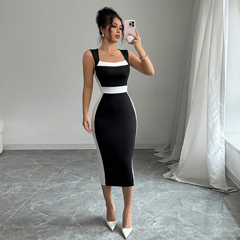 Damen Midi-Kleid Figurbetont Kontrastschnitt Schmale Träger Norvielle - Norvielle