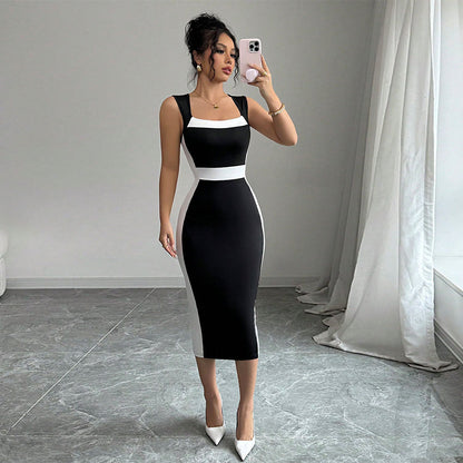 Damen Midi-Kleid Figurbetont Kontrastschnitt Schmale Träger Norvielle - Norvielle