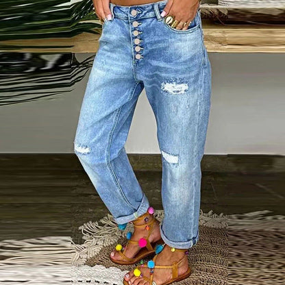 Damen Relaxed Fit Jeans Hochknöpfe Distressed Aussehen - Norvielle