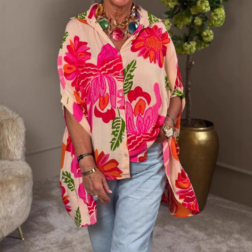 Damen Bluse Kimono-Style bunt Blumenmuster - Norvielle