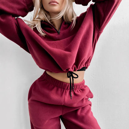 Damen Fleece Trainingsanzug Halb-Reißverschluss Elastischer Bund