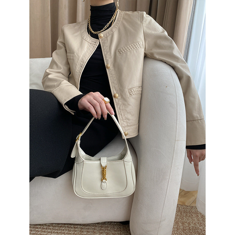 Damen Lederjacke Moderner Stil Dekorative Taschen Elegant