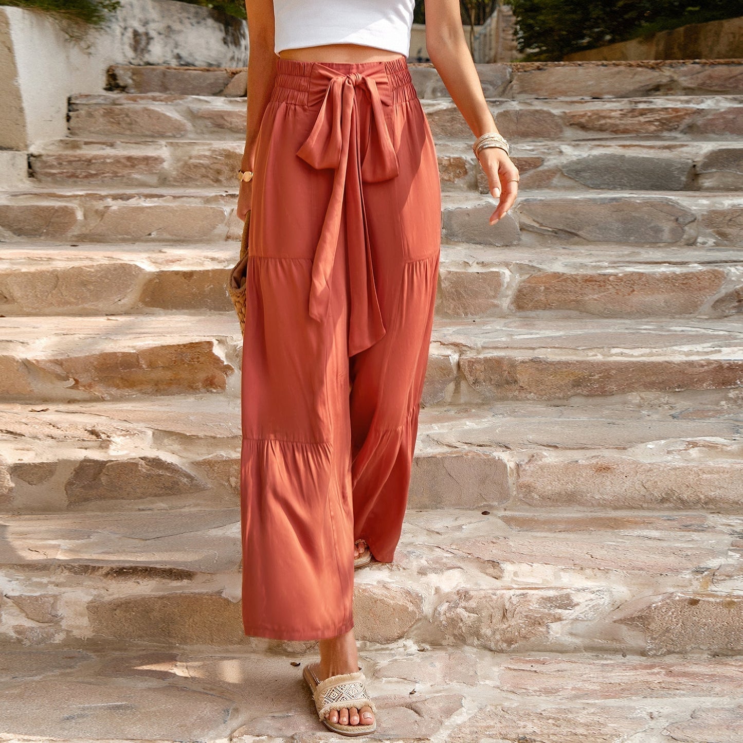 Damen Hose Hochtaillen Bindegürtel Weites Bein Sommerhose - Norvielle