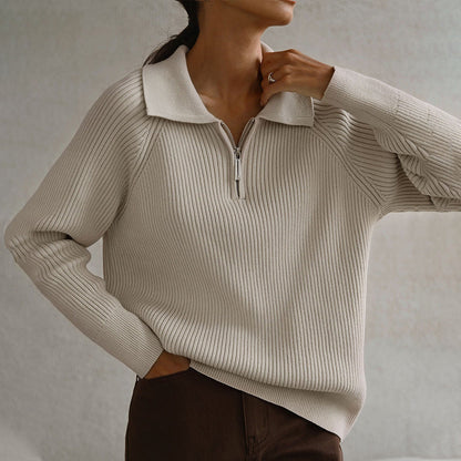 Damen Rippstrickpullover Weiches Baumwollmix Beige - Norvielle
