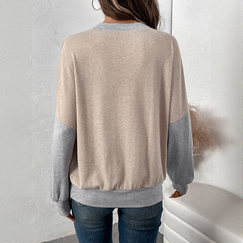 Damen Langarm-Pullover V-Ausschnitt Kontrastärmel Norvielle