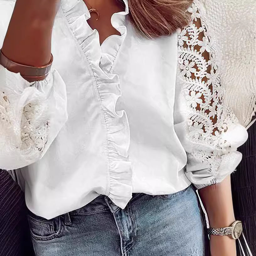 Damen Bluse Rüschendetails Spitzenärmel Elegant Weiß