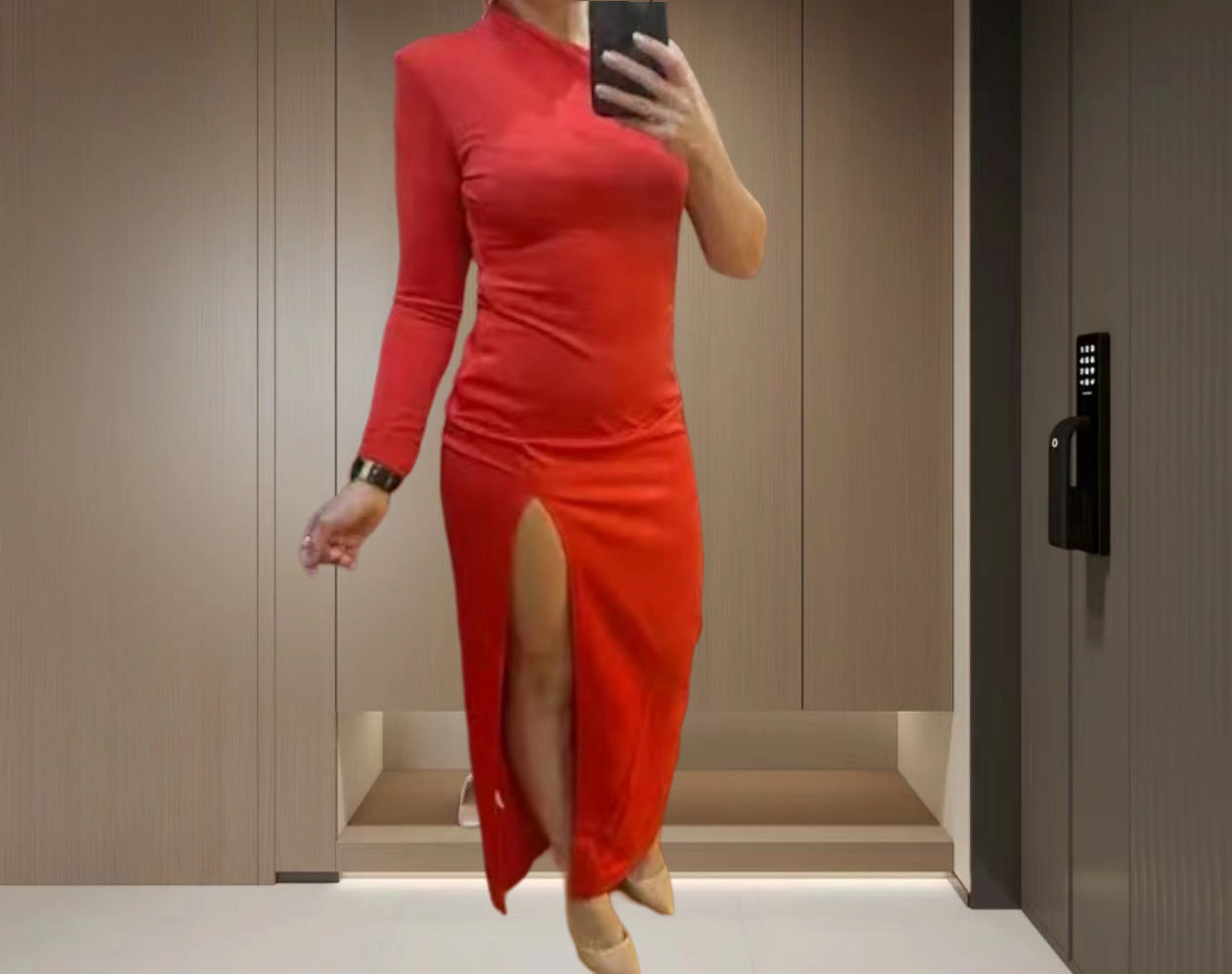 Damen Abendkleid Asymmetrisch Langarm Hochschlitz Norvielle