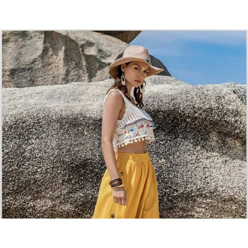 Damen Cropped Bunt Häkelmuster Quasten