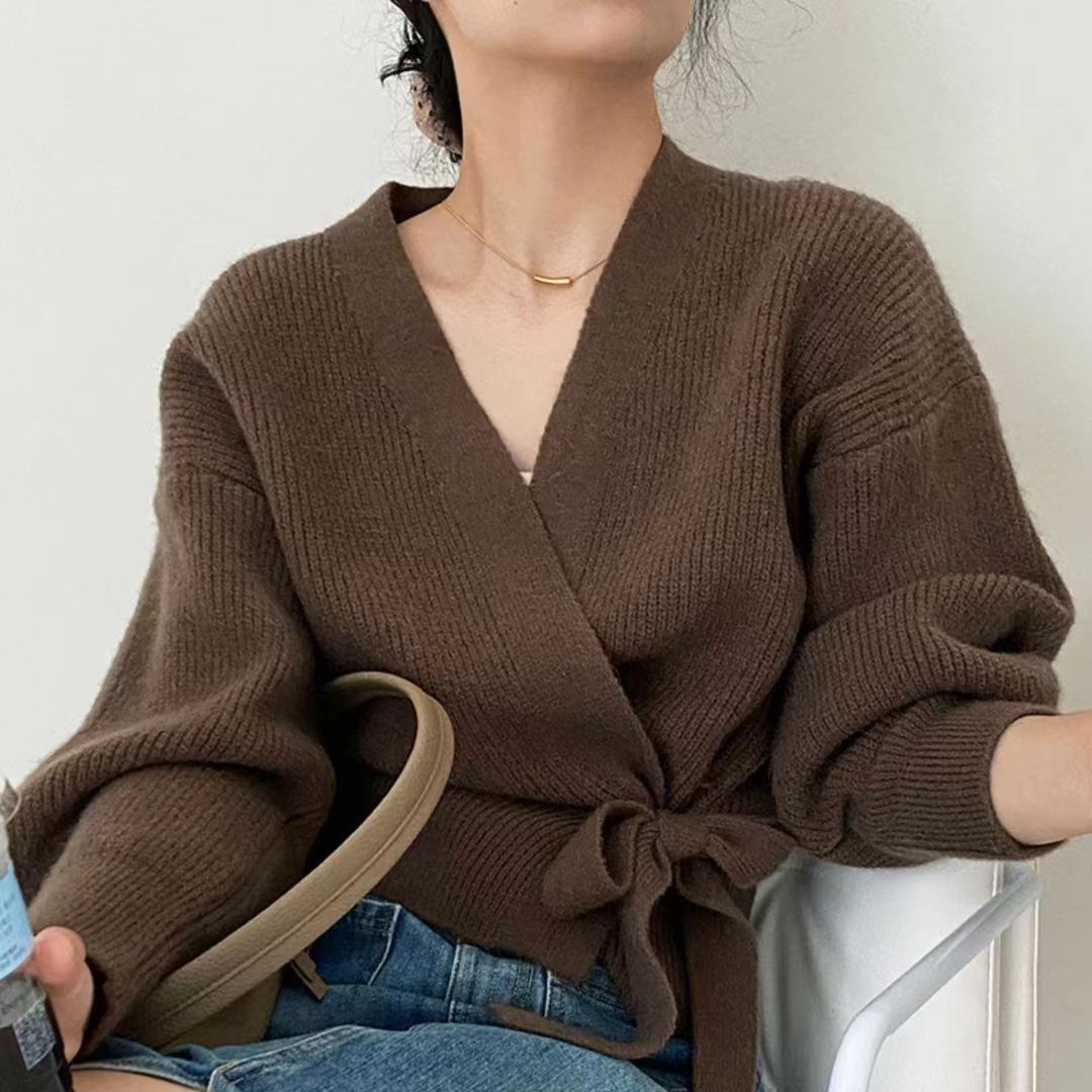 Damen Wickelpullover V-Ausschnitt Taillenzug Norvielle