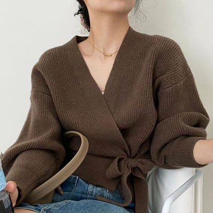 Damen Wickelpullover V-Ausschnitt Taillenzug Norvielle