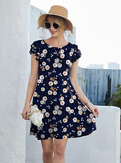 Damen Sommerkleid Blumenmuster Rüschendetails schwingender Rock