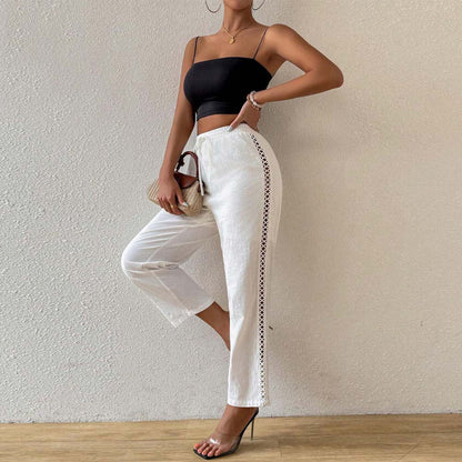 Damen Baumwollhose Breit mit Rüschendetails Beige