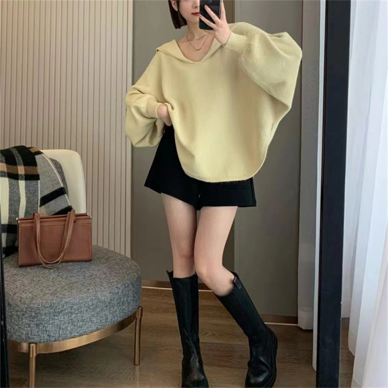 Damen Oversized Strickpullover Kapuze V-Ausschnitt Norvielle