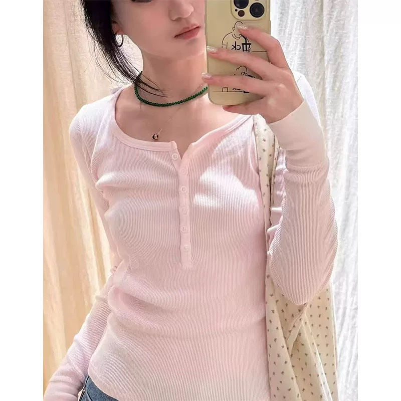 Damen Langarmshirt Rippstruktur Knöpfe Weiß Norvielle