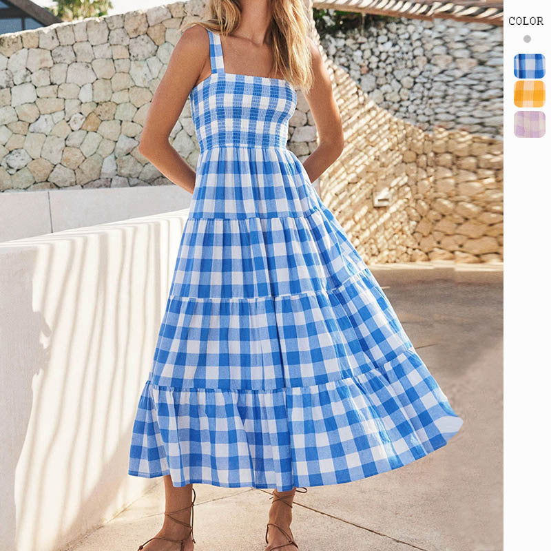 Damen Maxikleid Karomuster Fließender Schnitt Norvielle - Norvielle