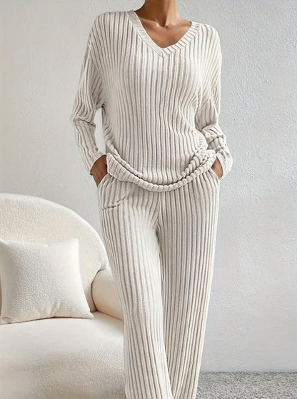 Damen Strickanzug Rippdesign Modern Beige