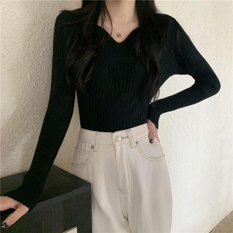 Damen V-Ausschnitt Feinstrickpullover Rippstruktur