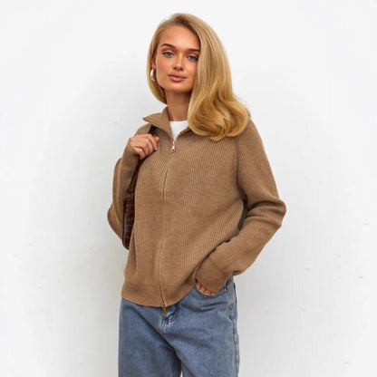 Damen Grobstrickpullover Norvielle Hochkragen Reißverschluss Beige