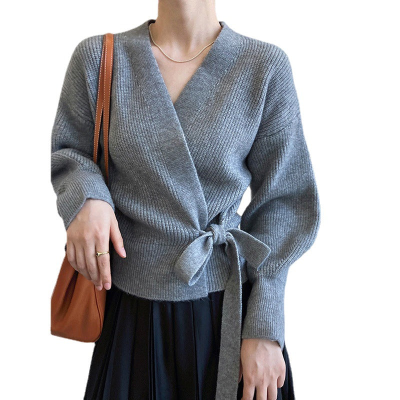 Damen Wickelpullover Breite Ärmel Taillengürtel Norvielle