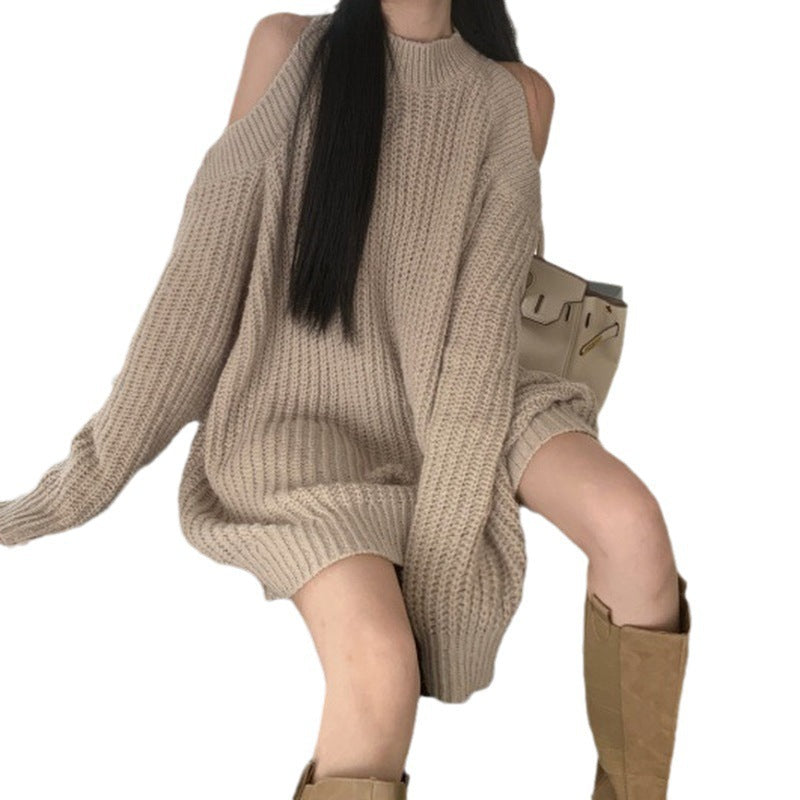 Damen Strickkleid Schulterfrei Rippstruktur Norvielle