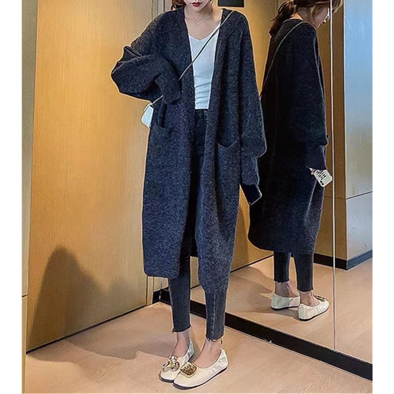 Damen Oversized Strickmantel Lässig Mit Taschen Beige