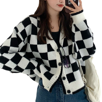 Damen Grobstrickjacke Karomuster Bequem Knöpfe Norvielle