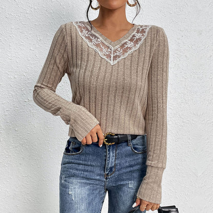 Damen Langarmshirt Spitzenakzente Gerippt Weiß