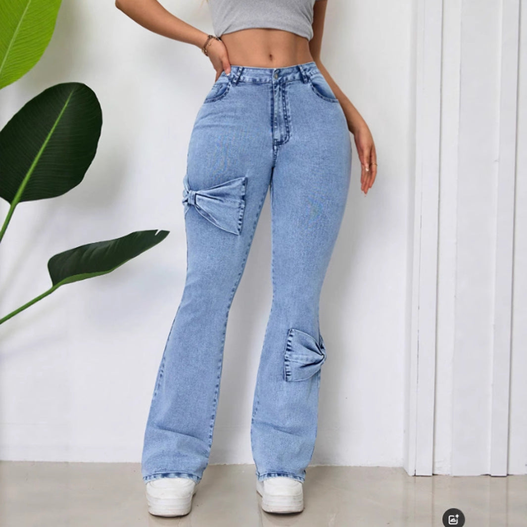Damen Jeans Ausgestellt Dekorative Schleifen Blau Norvielle - Norvielle
