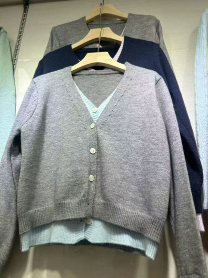 Damen Strickjacke V-Ausschnitt Kontrastbündchen Norvielle