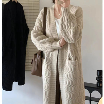 Damen Cardigan Grobstrick V-Ausschnitt Mit Taschen Beige - Norvielle
