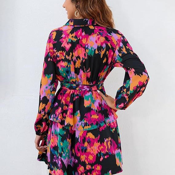 Damen Blusenkleid Floralmuster Bindegürtel Norvielle