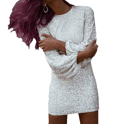 Damen Minikleid schmal Schnitt Länge Knie Lange Ärmel Glitzer
