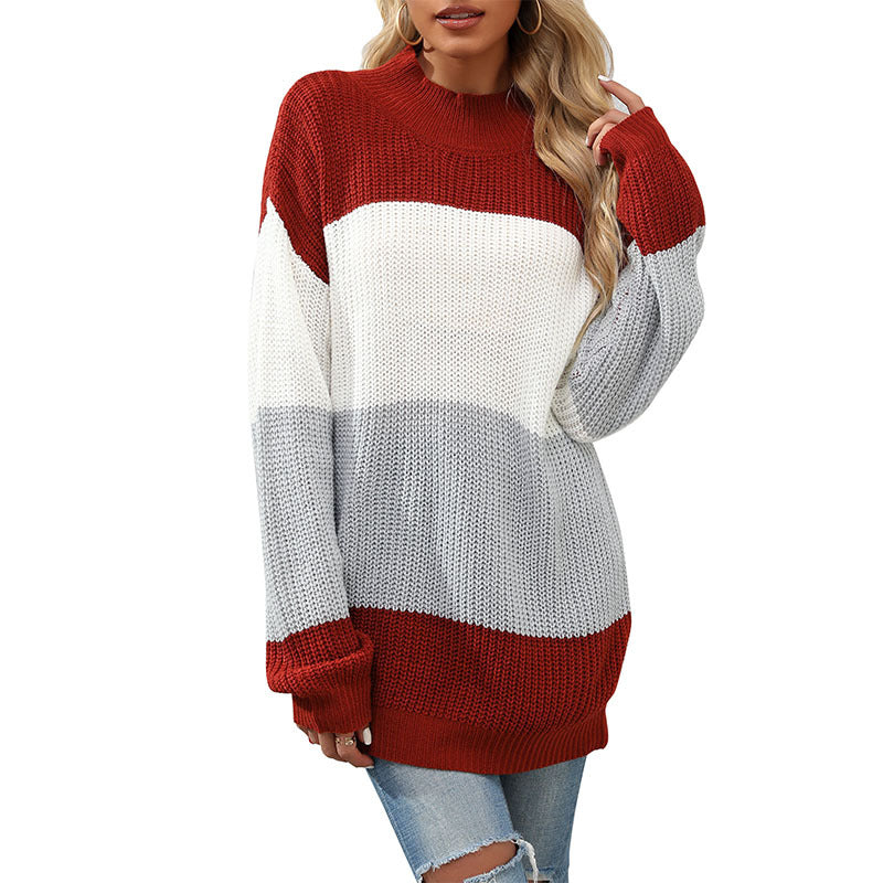 Damen Strickpullover Hochkragen Blockstreifen Norvielle