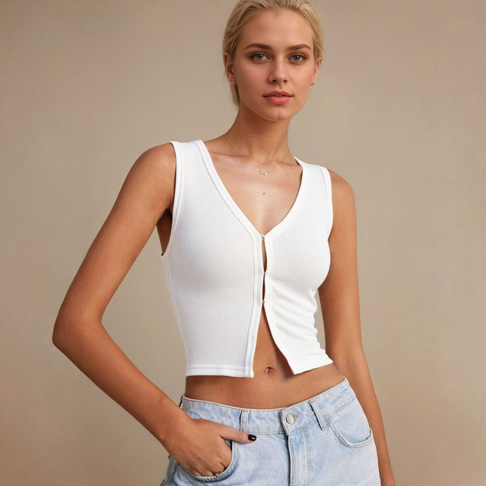 Damen Cropped Oberteil V-Ausschnitt Dekorativer Knopf Norvielle