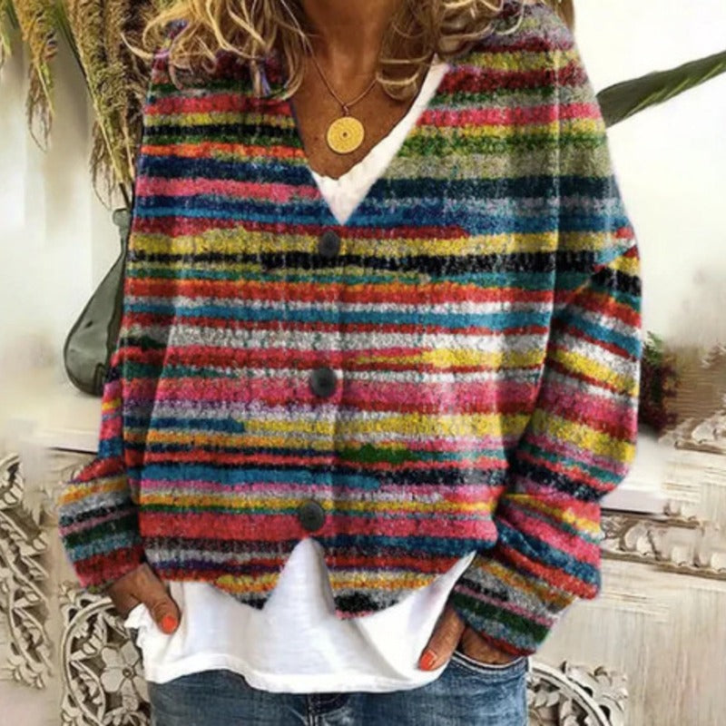 Damen Strickcardigan Bunt Streifen Knöpfe - Norvielle