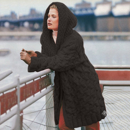 Damen Grobstrick-Cardigan mit Kapuze und Muster