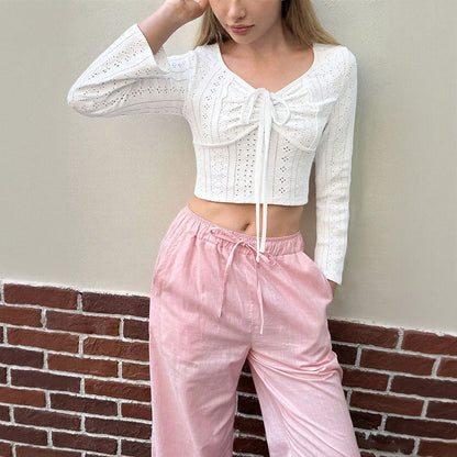 Damen Cropped Langarmshirt Elegante Schnürung Lochstickerei Weiß