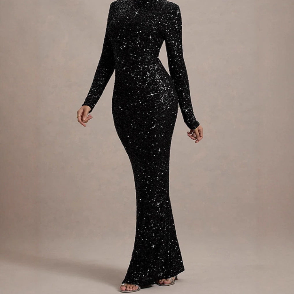 Damen Abendkleid Glitzernd Hochkragen Figurbetont Norvielle