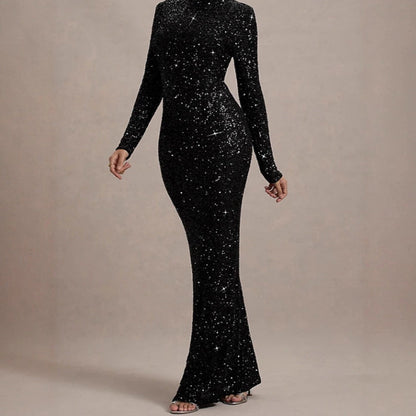 Damen Abendkleid Glitzernd Hochkragen Figurbetont Norvielle