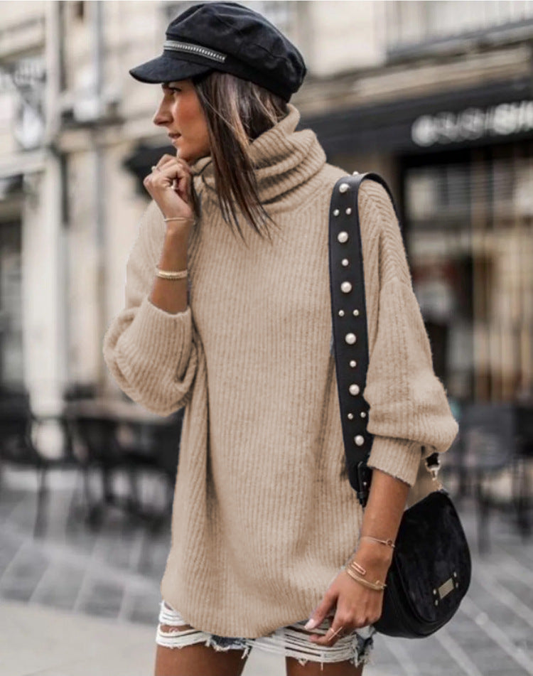 Damen Grobstrickpullover Hochkragen Elegante Knöpfe Norvielle