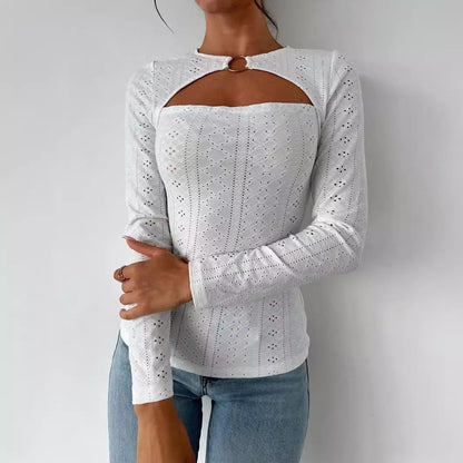 Damen Langarmshirt Baumwolle Dekorativ Cut-Out-Details Weiß