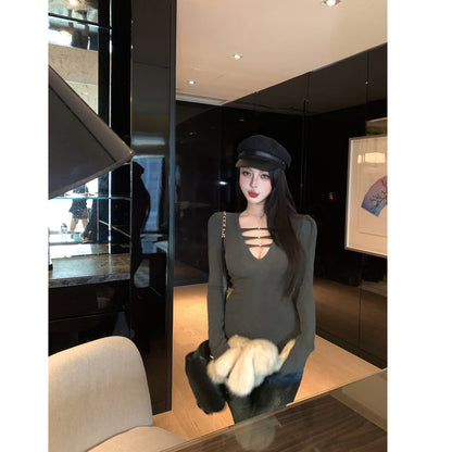 Damen Langarmshirt V-Ausschnitt Raffung Elegant