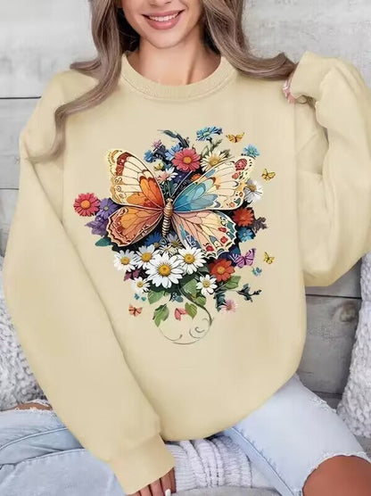Damen Sweatshirt Langarm Floralmuster Schmetterling Norvielle