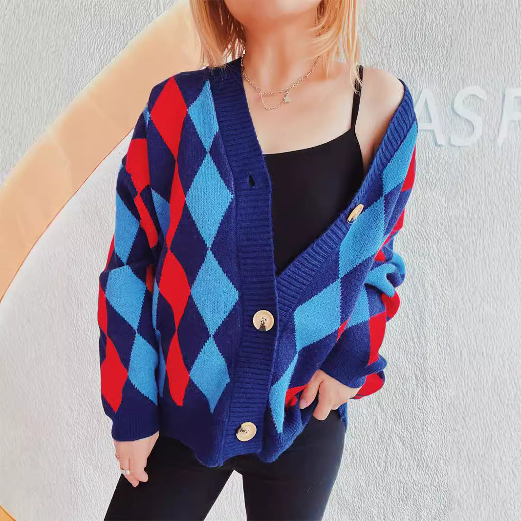 Damen Strickjacke Rautenmuster Große Knöpfe Norvielle