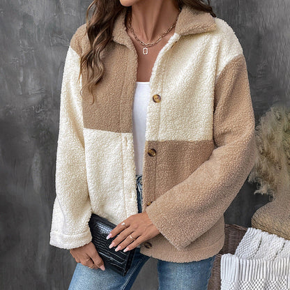 Damen Teddyjacke Nachhaltig Farbblockdetails Beige - Norvielle