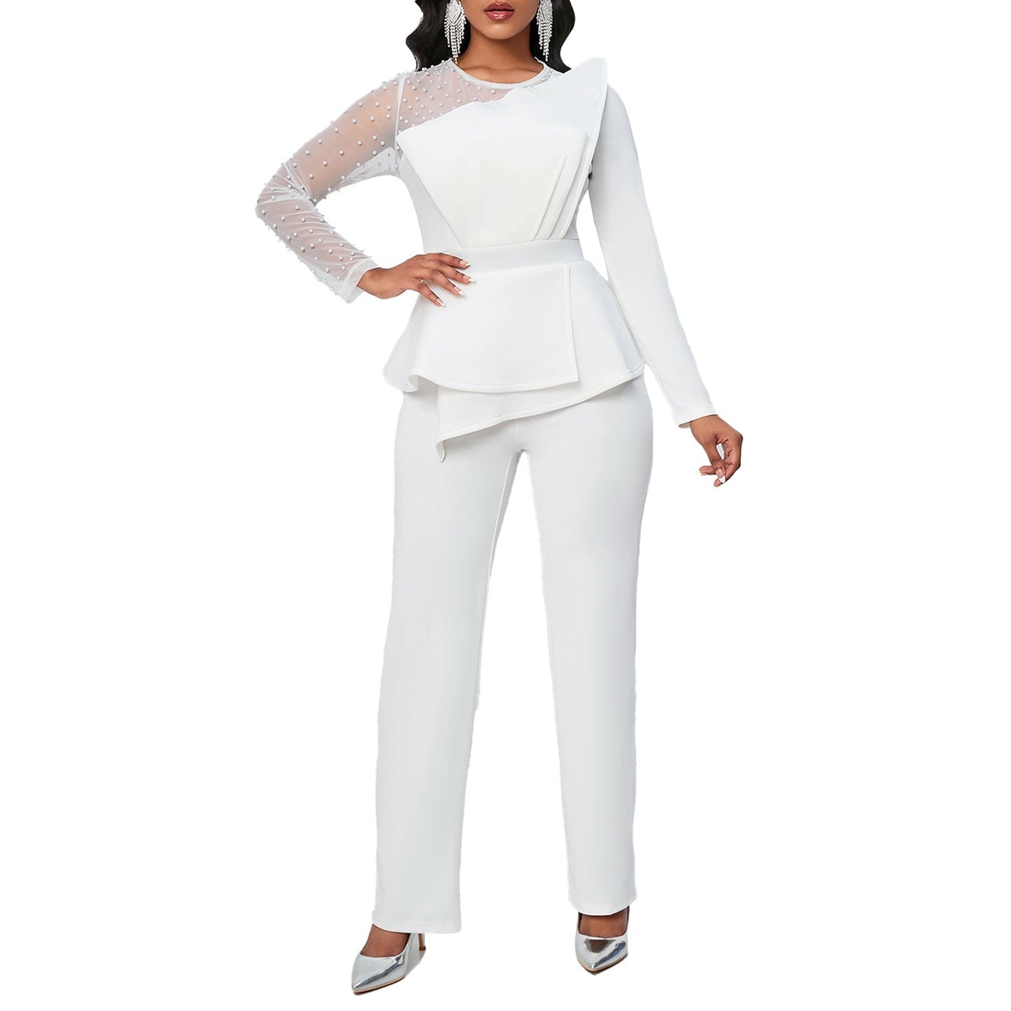 Damen Jumpsuit Asymmetrisch Perlendetails