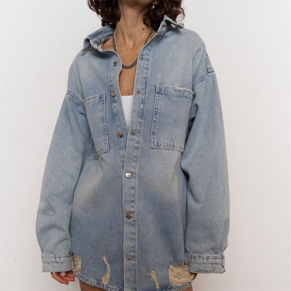 Damen Jeansjacke Distressed Look dunkelblau - Norvielle