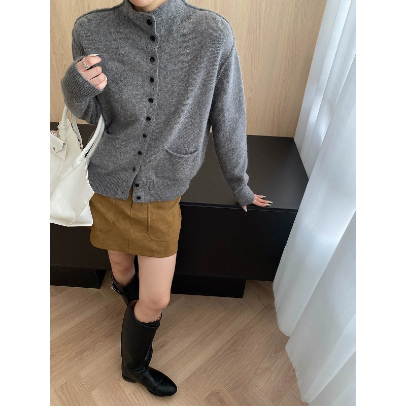 Damen Strickjacke Kuschelig Mit Taschen Knopfverschluss Beige